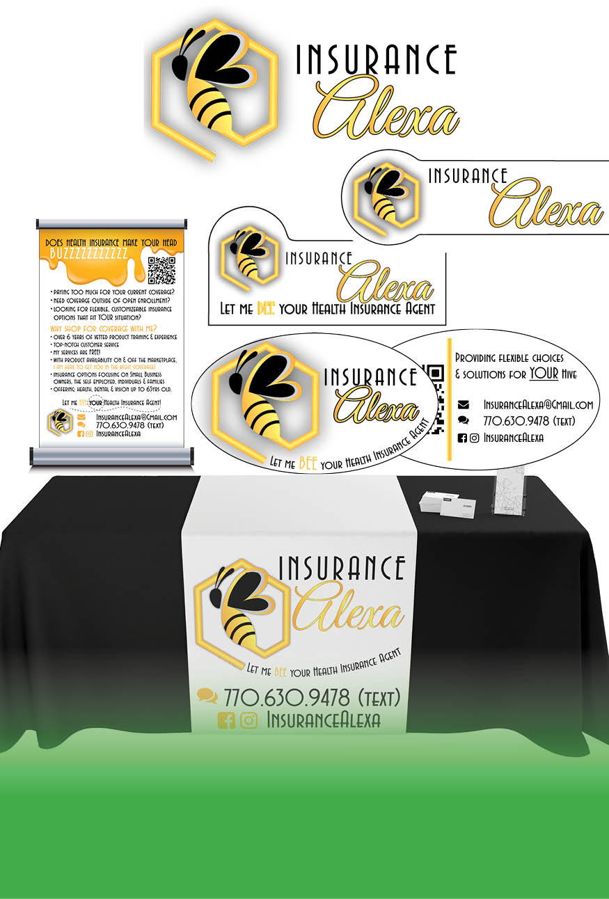 Full business branding example with custom logo, name badges, pamphlets, table runner